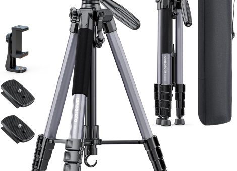 74″-Camera-Tripod, Gray Porfessional Aluminum Tripod Stand for Mirrorless Camera/DSLR/Cell Phone/Camcorder/GoPro, with Phone Holder and Travel Bag (Gunmetal Gray)